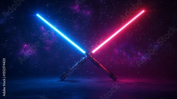 Obraz Futuristic illustration featuring two glowing neon swords crossed against a vibrant cosmic background