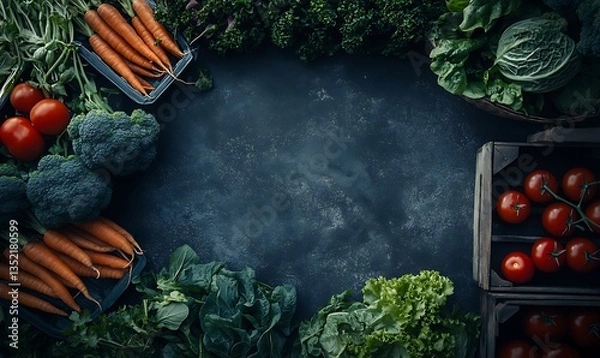 Obraz This is a rich, moody, and vibrant close-up shot of fresh vegetables, including tomatoes, carrots, cabbage, broccoli, and leafy greens