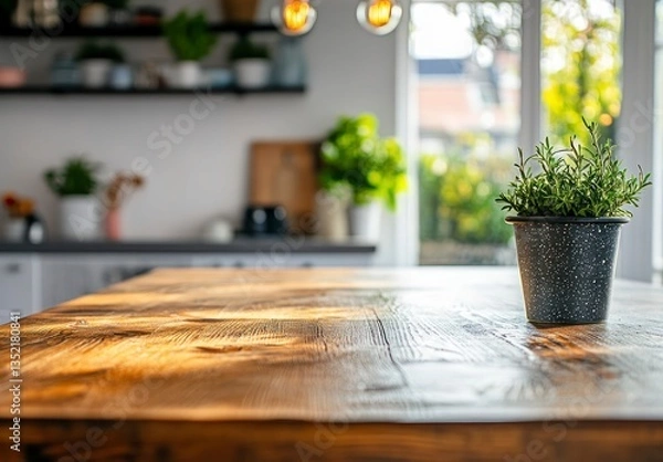 Fototapeta Rosemary Plant on Rustic Wooden Table in Bright Kitchen Setting