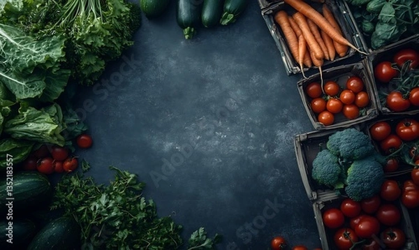 Obraz This is a rich, moody, and vibrant close-up shot of fresh vegetables, including tomatoes, carrots, cabbage, broccoli, and leafy greens