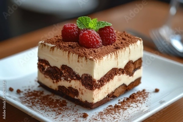 Fototapeta Indulge in a delightful tiramisu dessert with luscious layers of cream, cocoa, and fresh raspberries, perfect for enjoying after a meal or at a celebration