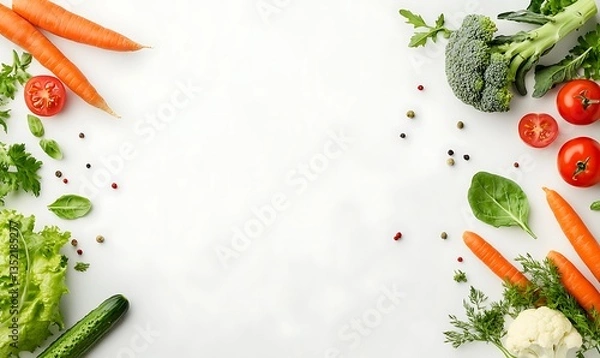 Obraz This is a rich, moody, and vibrant close-up shot of fresh vegetables, including tomatoes, carrots, cabbage, broccoli, and leafy greens