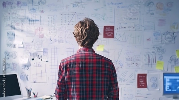 Obraz The image depicts a designer or creative professional standing in front of a wall filled with sketches, design drafts, and prototype concepts