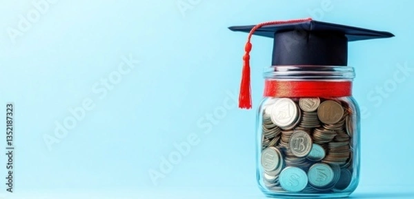 Fototapeta A graduation cap sitting on top of money inside a jar