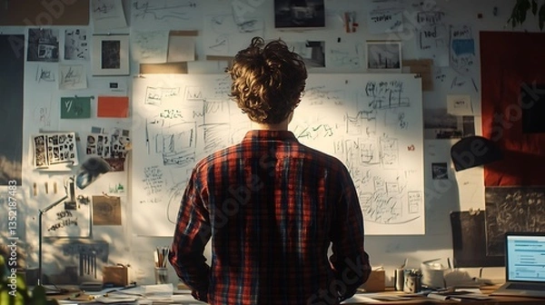 Obraz The image depicts a designer or creative professional standing in front of a wall filled with sketches, design drafts, and prototype concepts