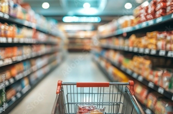 Fototapeta Shopping Cart View in Supermarket Aisle with Groceries and Lighting