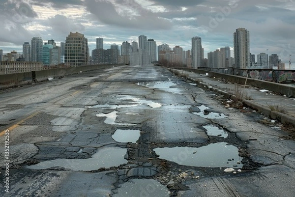 Obraz The picture of the road of the urban city that has been cracked, broken and filled with pothole everywhere on the street lead to a city, a pothole is a depression or hollow in a road surface. AIG51.