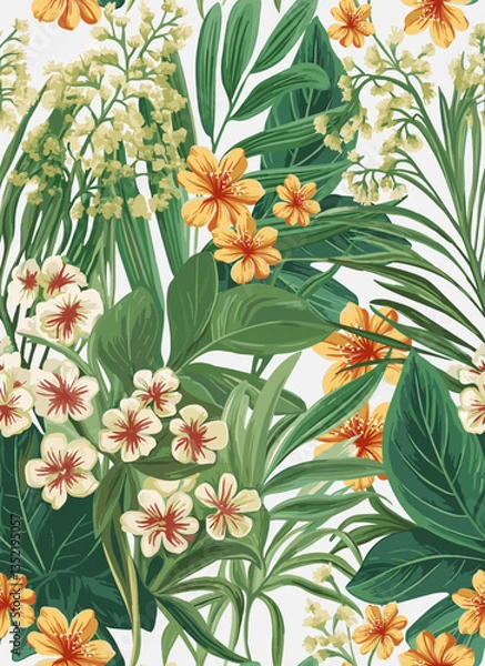 Fototapeta Tropical leaves and flowers. Seamless pattern for any surfaces.