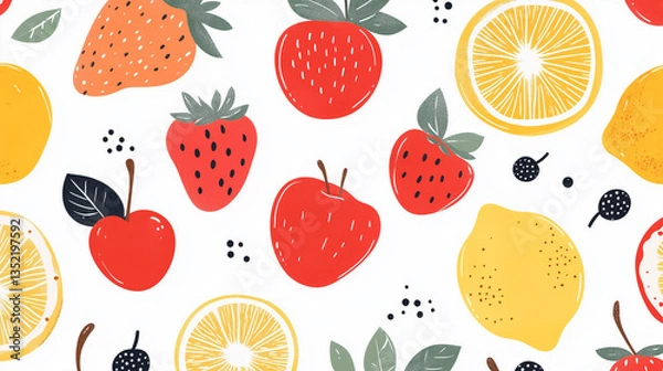 Fototapeta Seamless Pattern of Cute Hand-Drawn Fruits and Berries on White Background