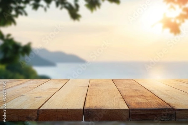 Fototapeta Wooden Table Overlooking Ocean at Sunset Provides Relaxing Coastal View