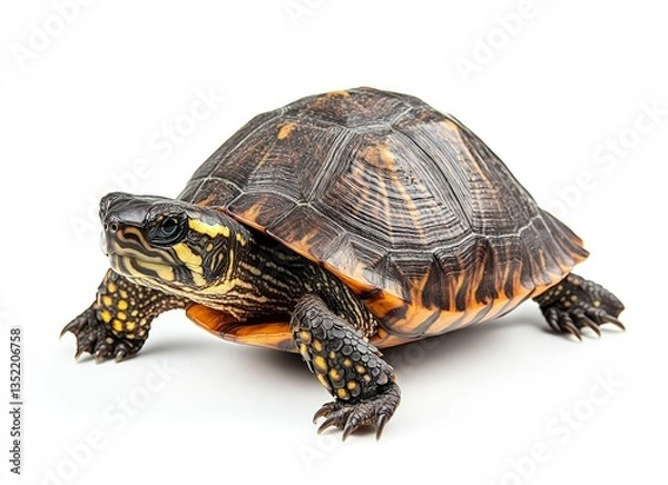 Fototapeta Turtle Crawling on White Background Shows Shell and Skin Detail