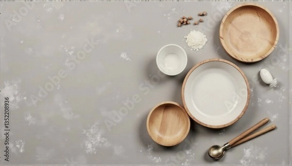 Fototapeta A table with a variety of wooden bowls and spoons. The bowls are of different sizes and shapes, and the spoons are placed next to them. Concept of warmth and comfort, as the wooden bowls