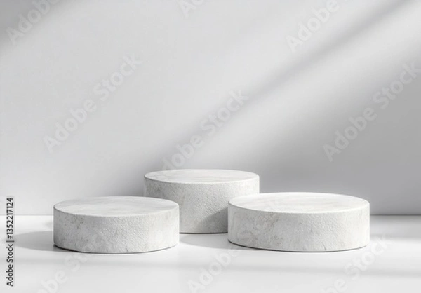 Fototapeta Concrete Round Pedestal Display with Sunlight Shadow Minimalist Mockup Template