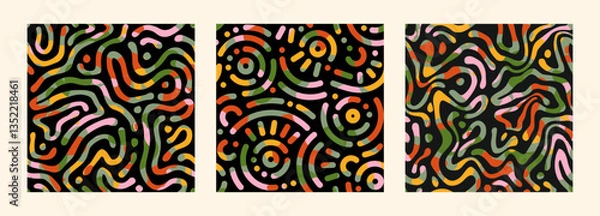 Fototapeta Set of colorful maze seamless patterns. Abstract graphic modern backgrounds with deformed multicolor lines. Liquid organic textures for cover, poster, banner, label, textile, wrapping, wallpaper.