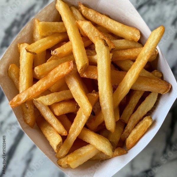 Fototapeta A serving of golden, crispy French fries arranged in a white paper container. The fries are evenly cooked with a light, golden-brown texture, resting on a marble surface that adds a clean