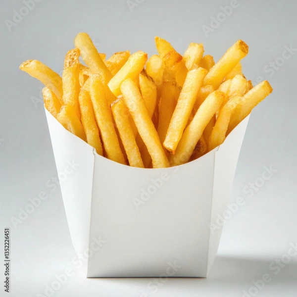 Fototapeta Golden-brown French fries are piled high in a white paper container. The fries are evenly cut and show slight browning on the edges. The container is simple and angular, set against a white background