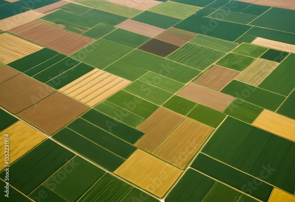 Fototapeta A high-altitude view of farmland arranged into intricate geometric shapes, with alternating patches of green, gold, and brown.