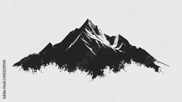 Obraz A stylized illustration of a mountain peak rendered in monochrome. The image utilizes a predominantly black and white color palette with varying shades of gray to suggest texture and depth. The