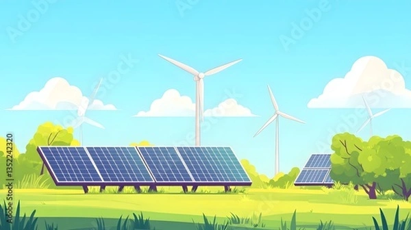 Fototapeta Renewable energy solution with solar panels and wind turbines