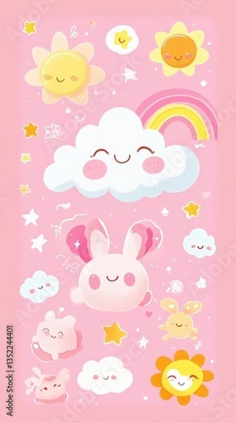 Fototapeta Playful cartoon image with cute smiling suns and bunny rabbits