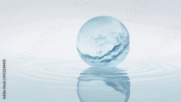 Obraz Close-up studio shot of a transparent crystal sphere resting on a calm water surface.  The sphere shows a faint internal landscape resembling mountains or clouds.  Concentric ripples emanate