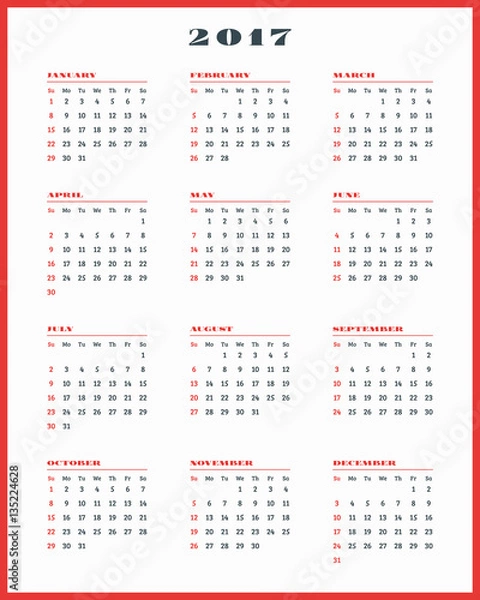 Fototapeta Calendar for 2017 year on white background. Vector design print template. Week starts Sunday. Stationery design