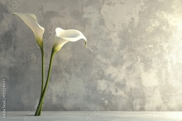 Fototapeta Two white calla lilies against a textured and grey backdrop