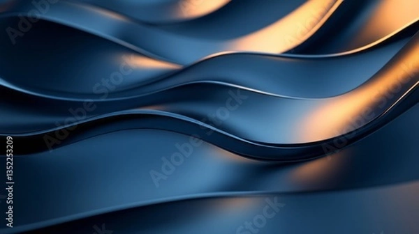 Fototapeta Abstract blue metallic waves catch golden light creating depth