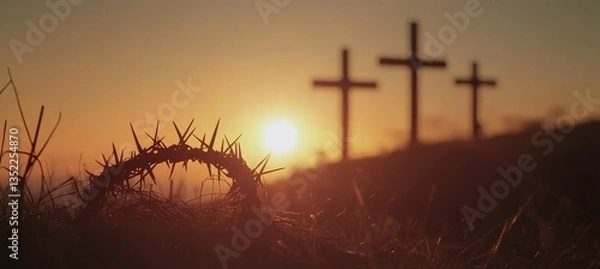Fototapeta Crown of Thorns and Crosses at Sunrise: A Religious Image for Reflection.