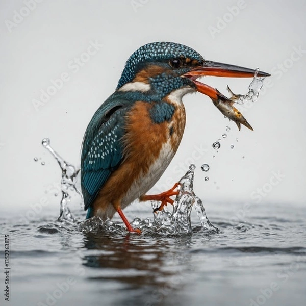 Fototapeta A kingfisher holding a small fish in its beak, its eyes focused, against a white background.