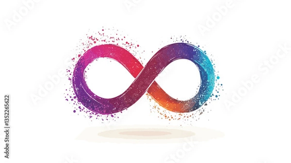 Fototapeta A stylized infinity symbol rendered in a vibrant, multicolored style. The symbol is depicted with a watercolor or paint-splash effect, showing a blend of pink, purple, orange, and blue hues.  The