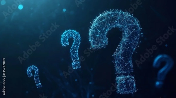 Obraz Three dimensional question marks connected by lines and glowing dots floating in dark blue space