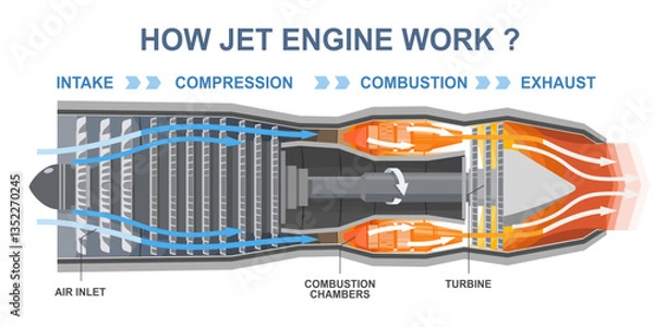 Fototapeta infographic diagram explaining how a jet engine works with labeled stages of intake compression combustion and exhaust