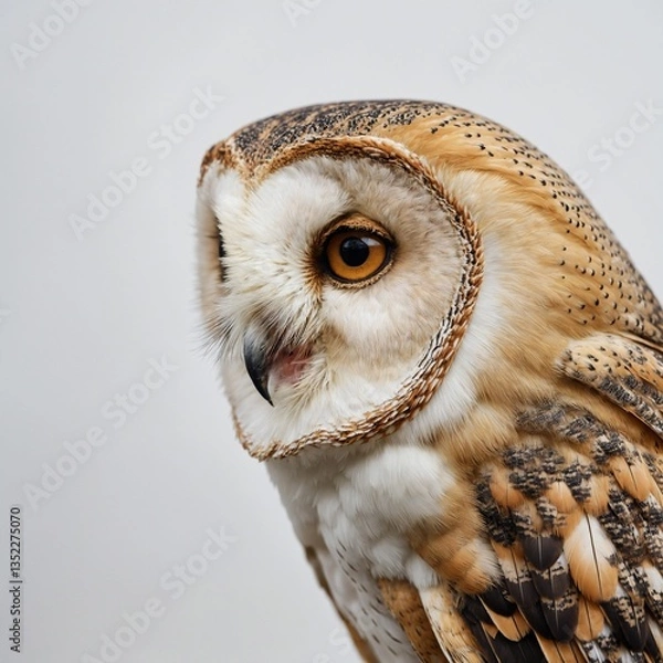 Fototapeta "A realistic barn owl with golden-brown and white feathers, staring directly ahead with piercing black eyes, set against a clean white background."