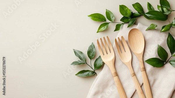 Fototapeta Flat lay of bamboo cutlery with green leaves and linen napkin