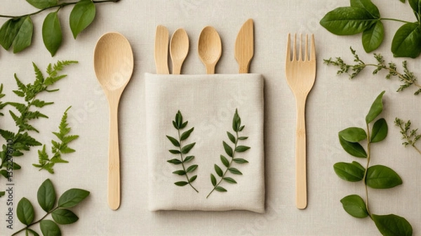 Fototapeta Flat lay of bamboo cutlery with green leaves and linen napkin