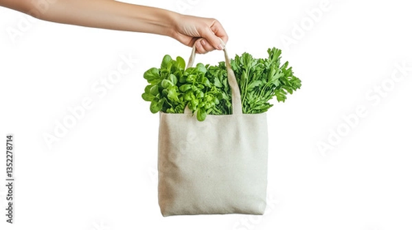 Fototapeta Reusable canvas tote bag filled with fresh greens held by hand against white background