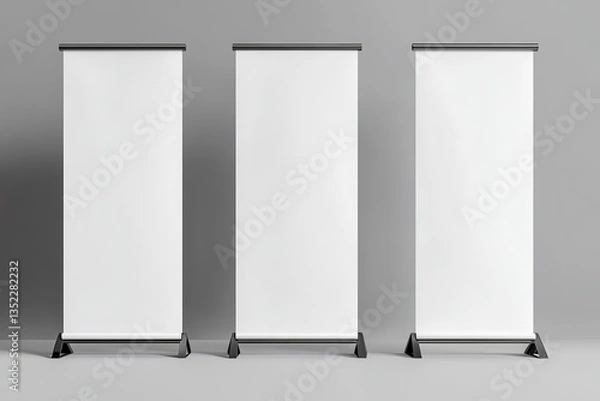 Obraz Three Blank Roll Up Banner Stands Mockup Modern Trade Show Display Design