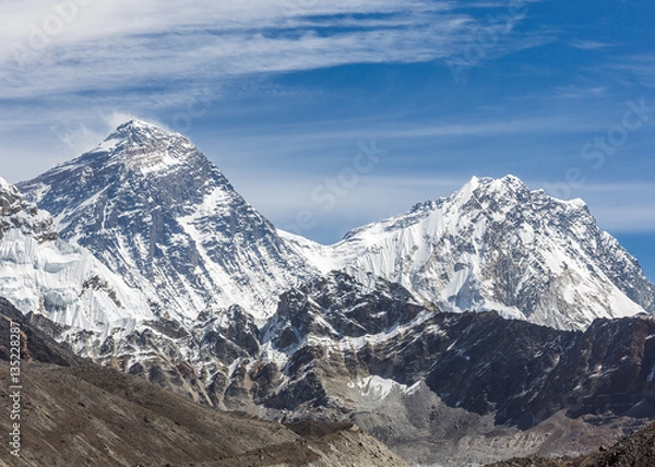 Fototapeta View of Mount Everest (8848 m) and Nuptse from the fifth lake Gokyo, Nepal, Himalayas