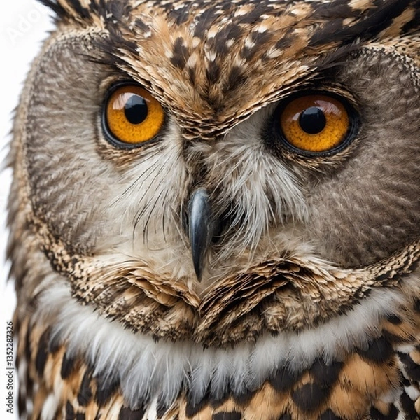 Fototapeta "A photorealistic close-up of an owl’s face, showing intricate feather details, sharp beak, and deep, mysterious eyes, isolated on a white background."