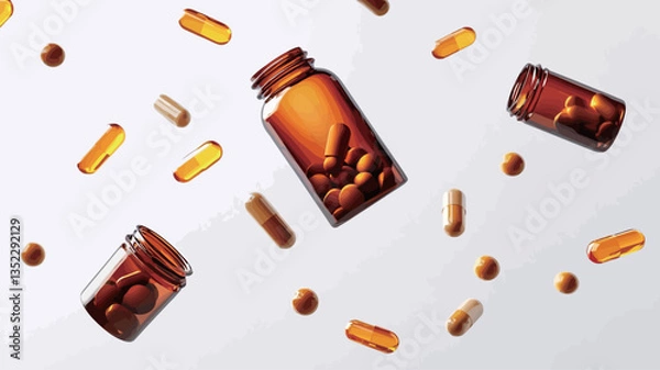 Obraz High-angle, close-up view of several amber glass bottles and various capsules scattered on a clean white background. The bottles appear to be partially full, with some capsules visible inside. The