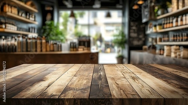 Fototapeta Rustic wooden table in blurred cafe background.