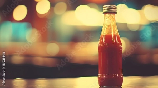 Fototapeta Red Sauce Bottle: A vibrant close-up of a glass bottle filled with rich red sauce, its metallic cap gleaming under the soft, blurred lights of a restaurant background.