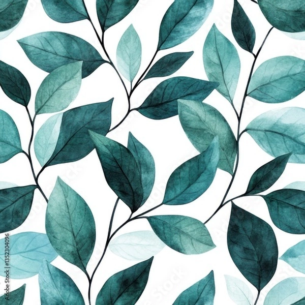 Obraz Watercolor painting shows a seamless pattern of teal colored leaves