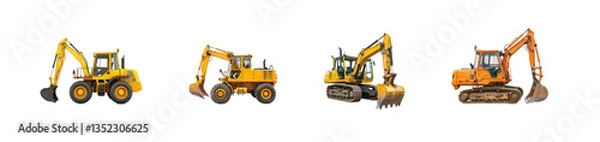 Fototapeta Collection of Backhoe Loader Truck side view full length isolate on transparency background