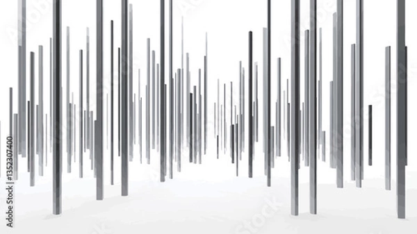 Fototapeta The image presents an abstract pattern composed of numerous vertical lines of varying heights and shades of gray against a white background.  The lines are rectangular in shape, creating a sense of