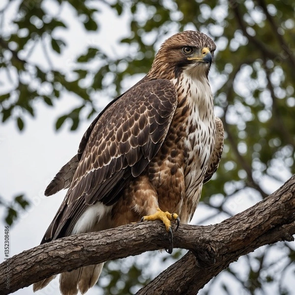 Fototapeta "A majestic hawk perched on a branch, gazing intensely forward, detailed feathers and sharp talons, realistic lighting, white background."