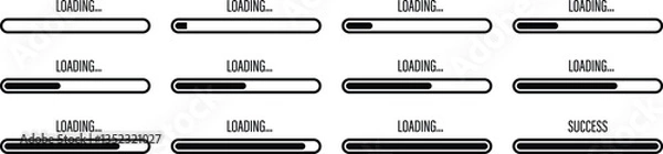 Fototapeta Collection of vector icons of processing loading bars from zero to success. Vector illustration