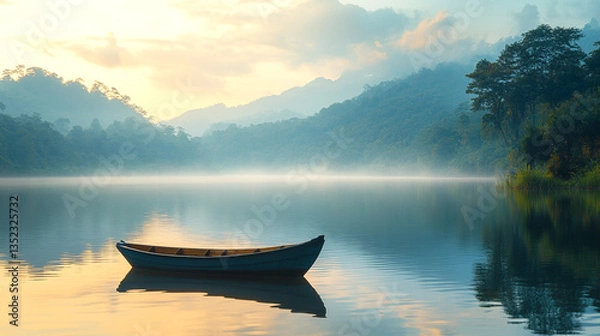 Fototapeta Wooden boat floating on calm misty lake surrounded by forested mountains at sunrise. Copy space