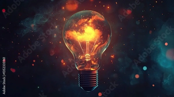 Fototapeta Illuminated Lightbulb with Fiery Interior and Smoke Spark Background Concept